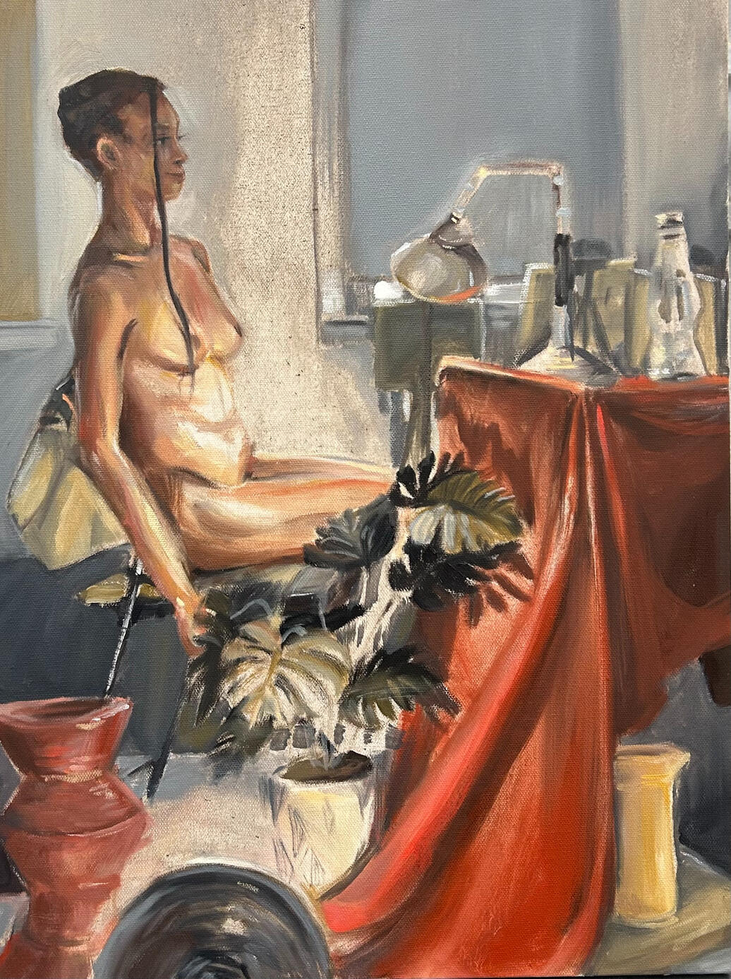 "Model and Red Tablecloth"